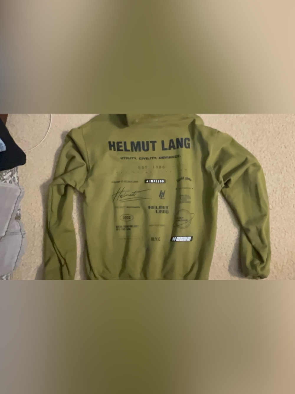 Helmut Lang 2022 Assorted Logo Print Archive Designer Hoodie Olive Green